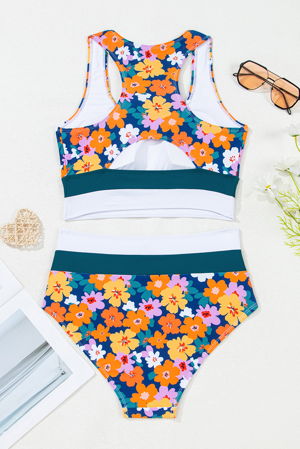 Dearlove Green Floral Print Racerback Cutout High Waist 2pcs Bikini