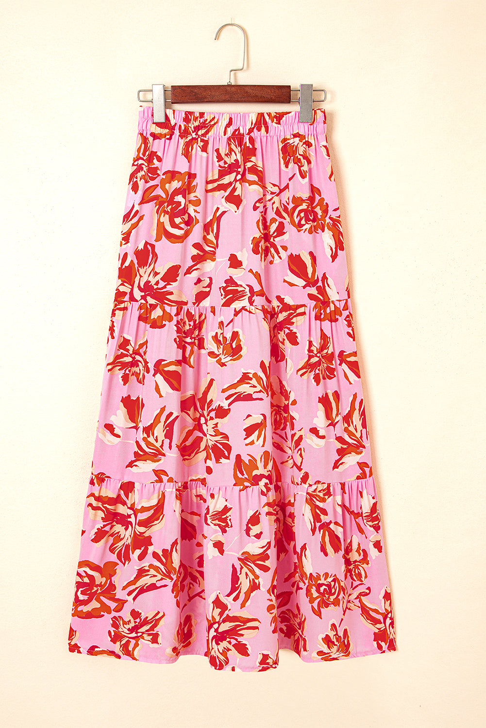 Orange Bohemian Floral Print Tiered Maxi Skirt with Split