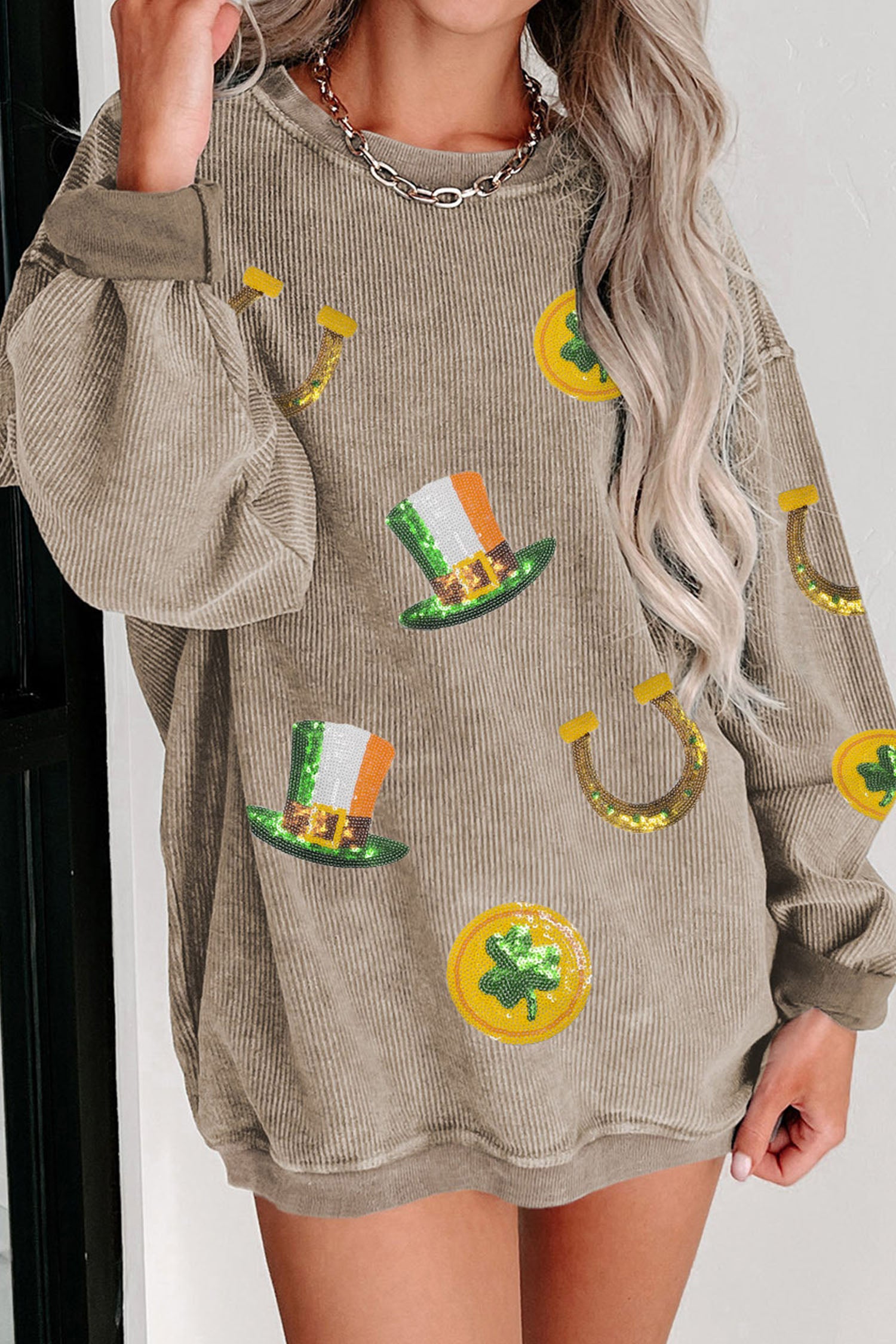 Khaki Sequin Horseshoe Mardi Gras Graphic Corded Ribbed Baggy Sweatshirt