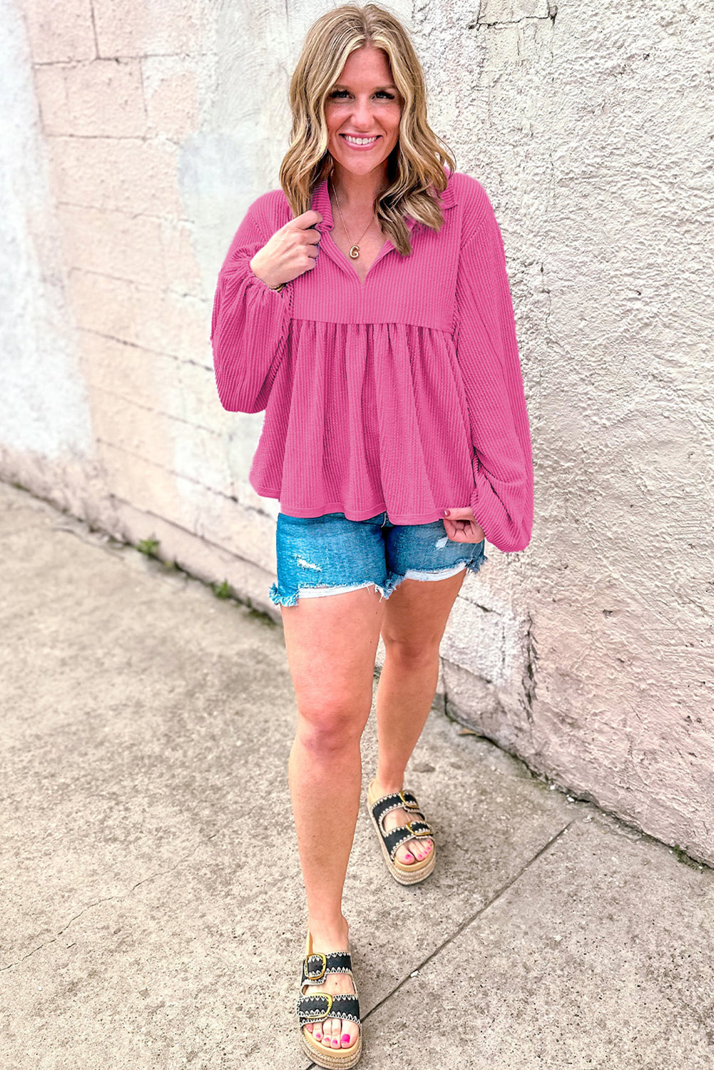 Turquoise Cordrd Balloon Sleeve Collar Plus Babydoll Top