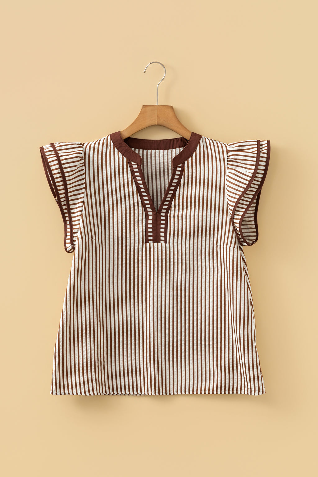 Brown Stripe Double Ruffled Short Sleeve Contrast Trim V Neck Midi Dress