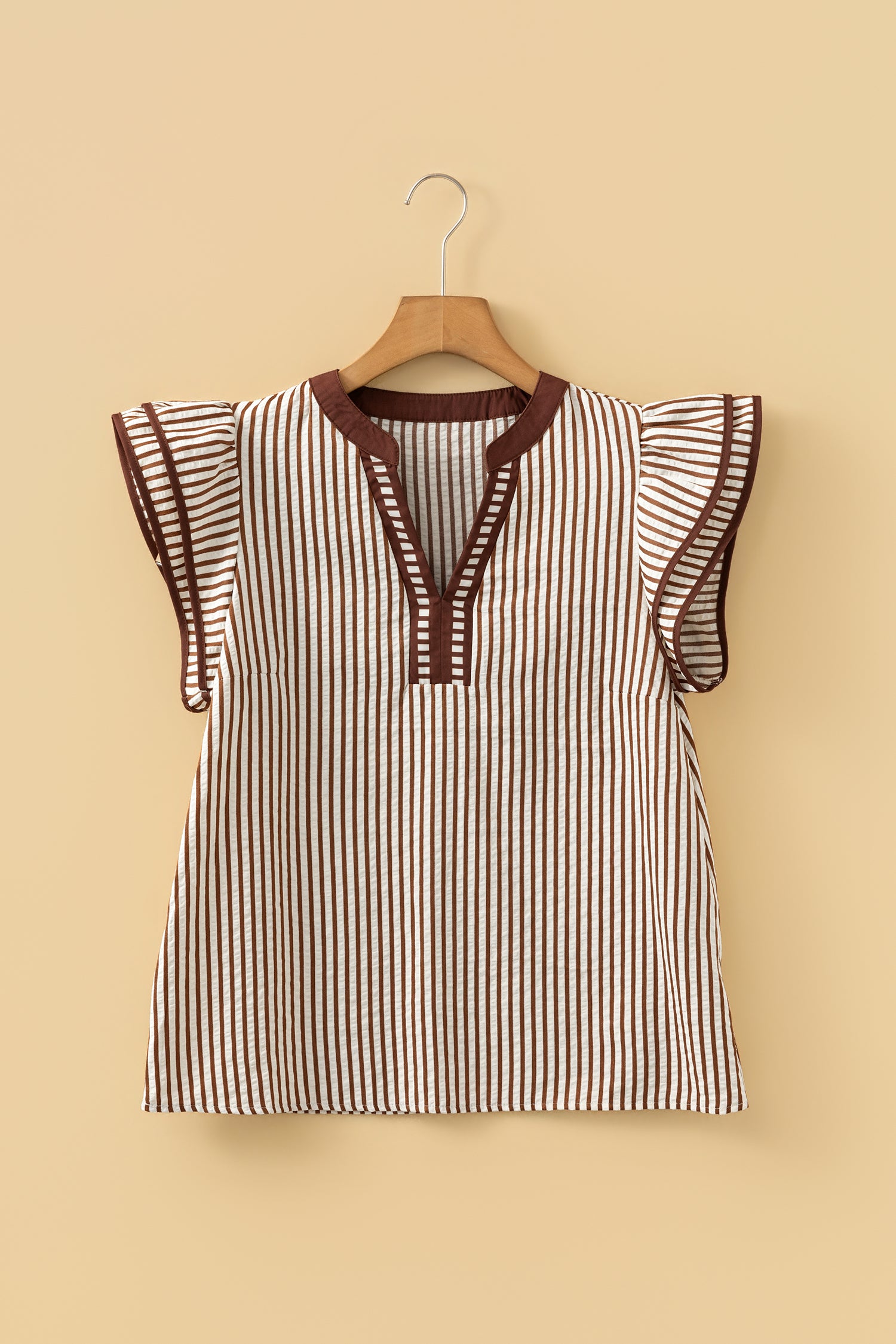 Brown Stripe Double Ruffled Short Sleeve Contrast Trim V Neck Midi Dress