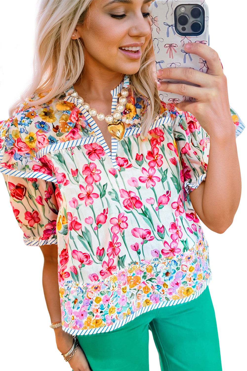 Pink Plus Size Floral Print Striped Trim V Neck Blouse