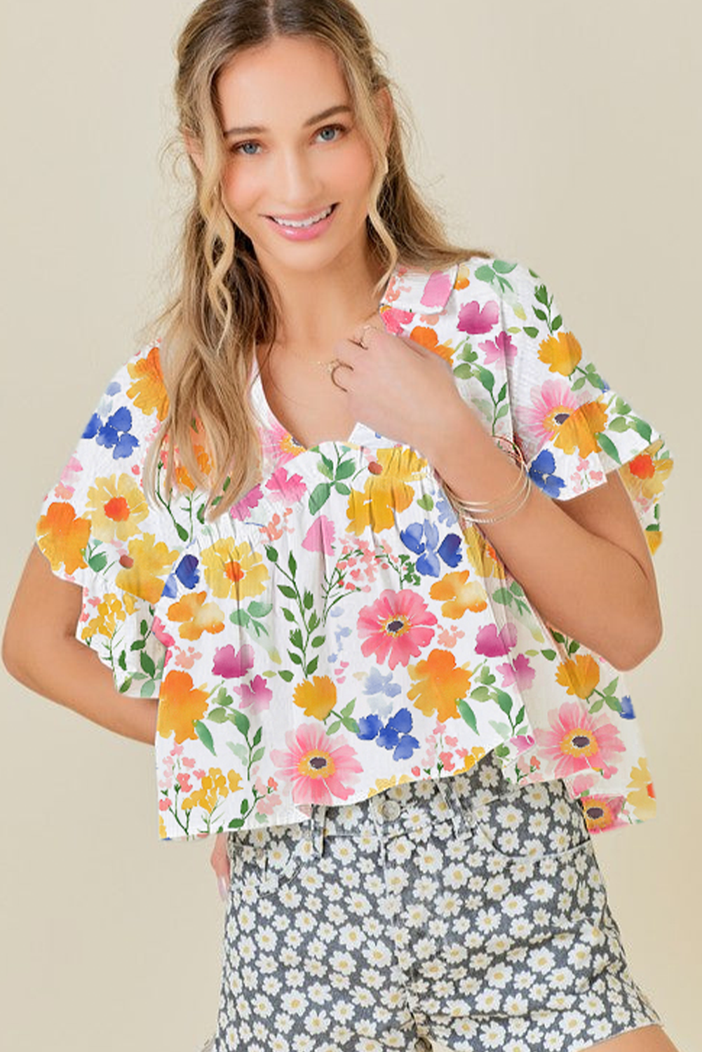 Pink Floral Boxy Fit Ruffled Short Sleeve V Neck Blouse