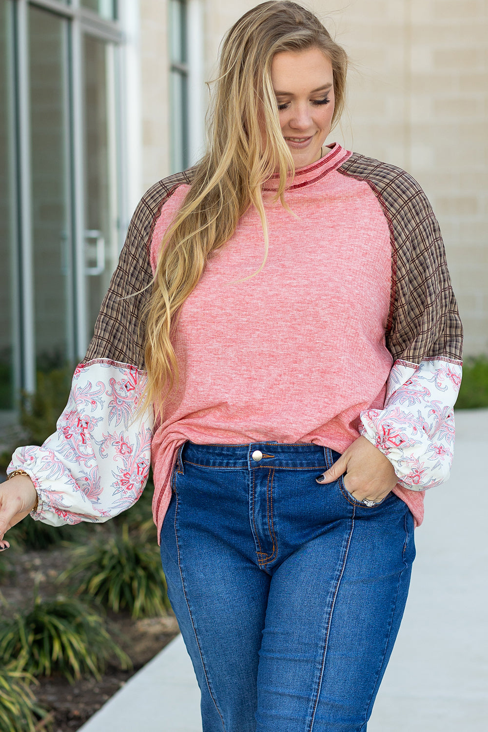 Fushia Mixed Print Raglan Sleeve Ribbed Knit Patchwork Blouse