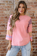 Gossamer Pink Floral Color Block Patchwork Long Sleeve Top