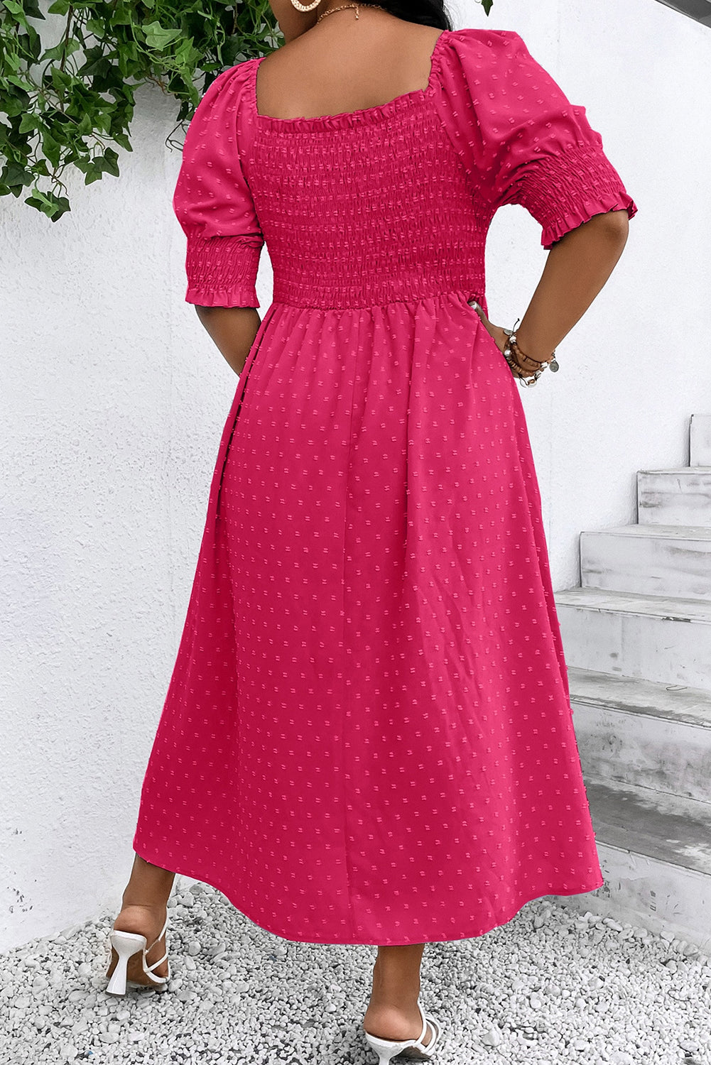 Wisteria Swiss Dot Smocked Frilled Neckline Short Sleeve Plus Size Dress