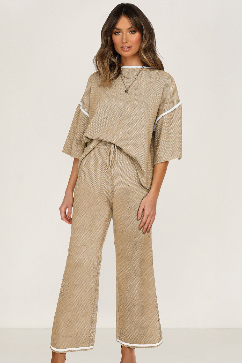 Blackish Green Contrast Trim Half Sleeve Top Drawstring Pants Loose 2pcs Sweater Suit