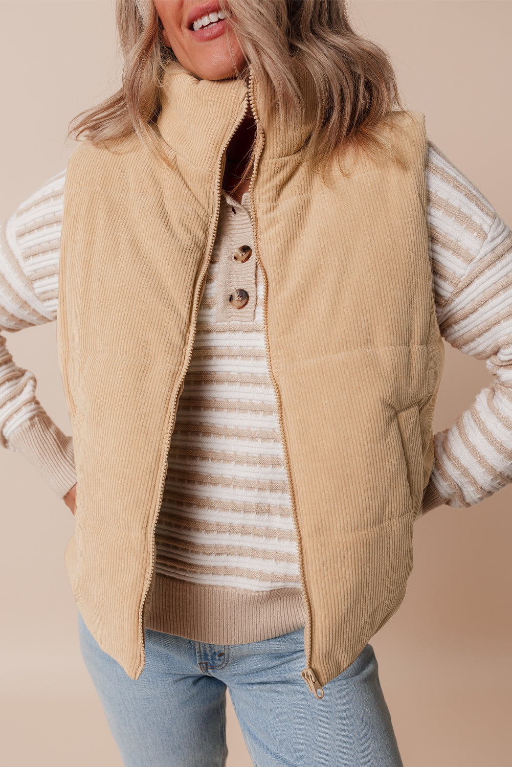 Beige Corduroy Stand Neck Zipped Puffer Vest