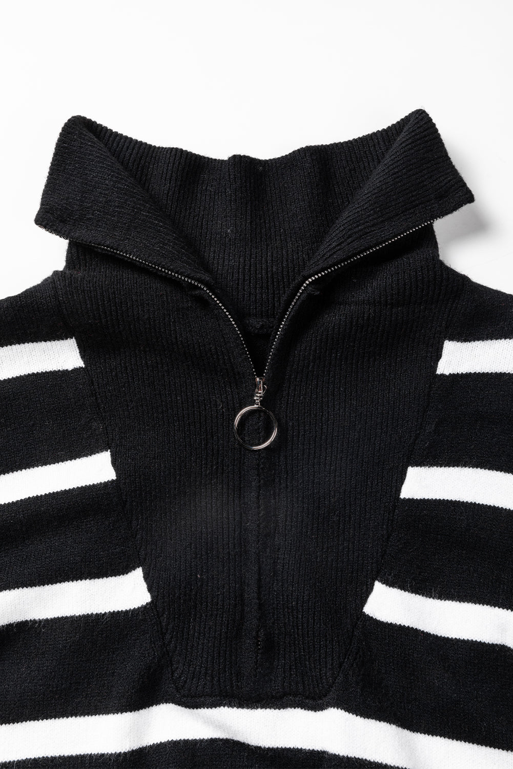 Black Striped O-ring Zip Collared Loose Sweater Mini Dress