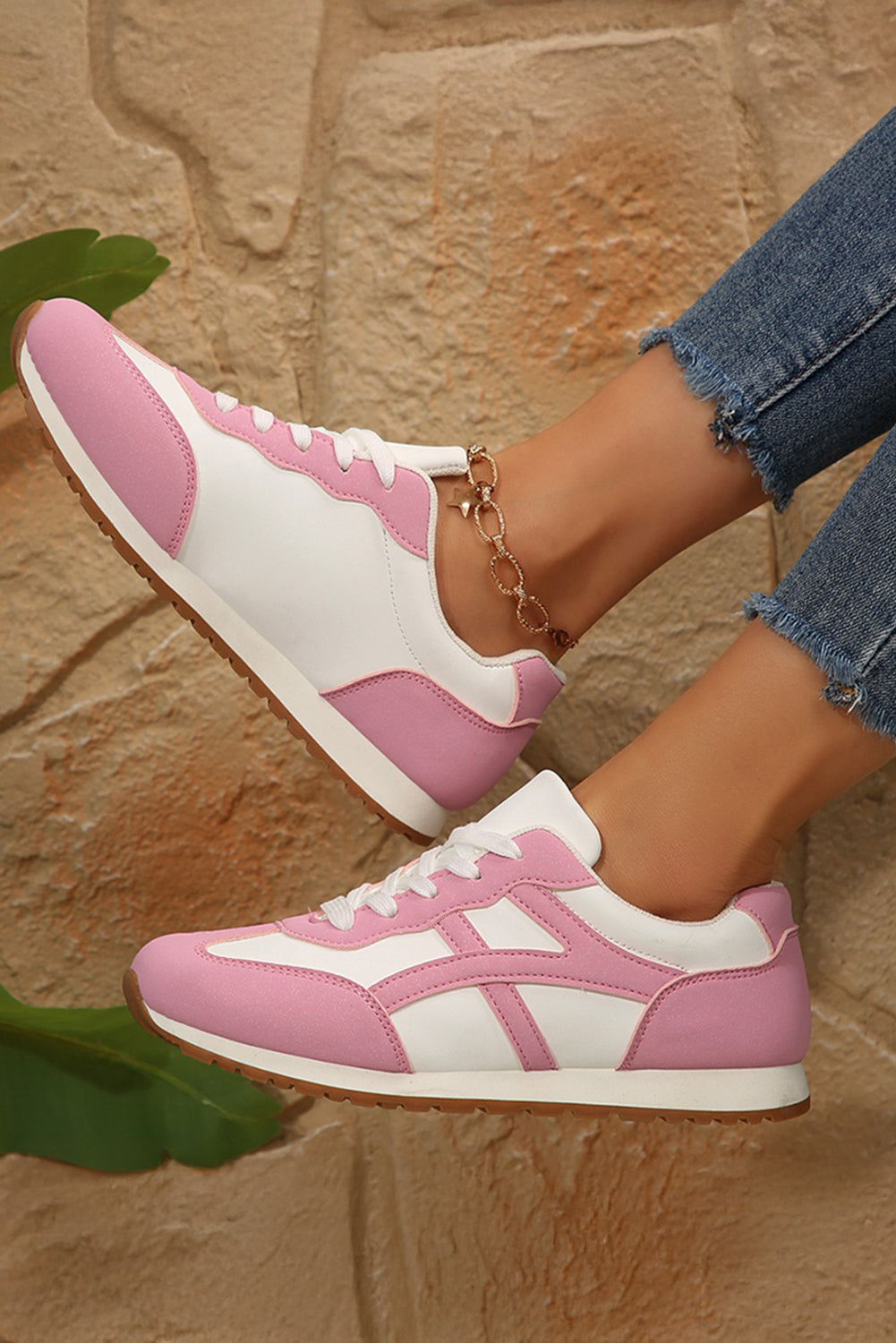 Oatmeal Color Block Lace-up PU Leather Sneakers