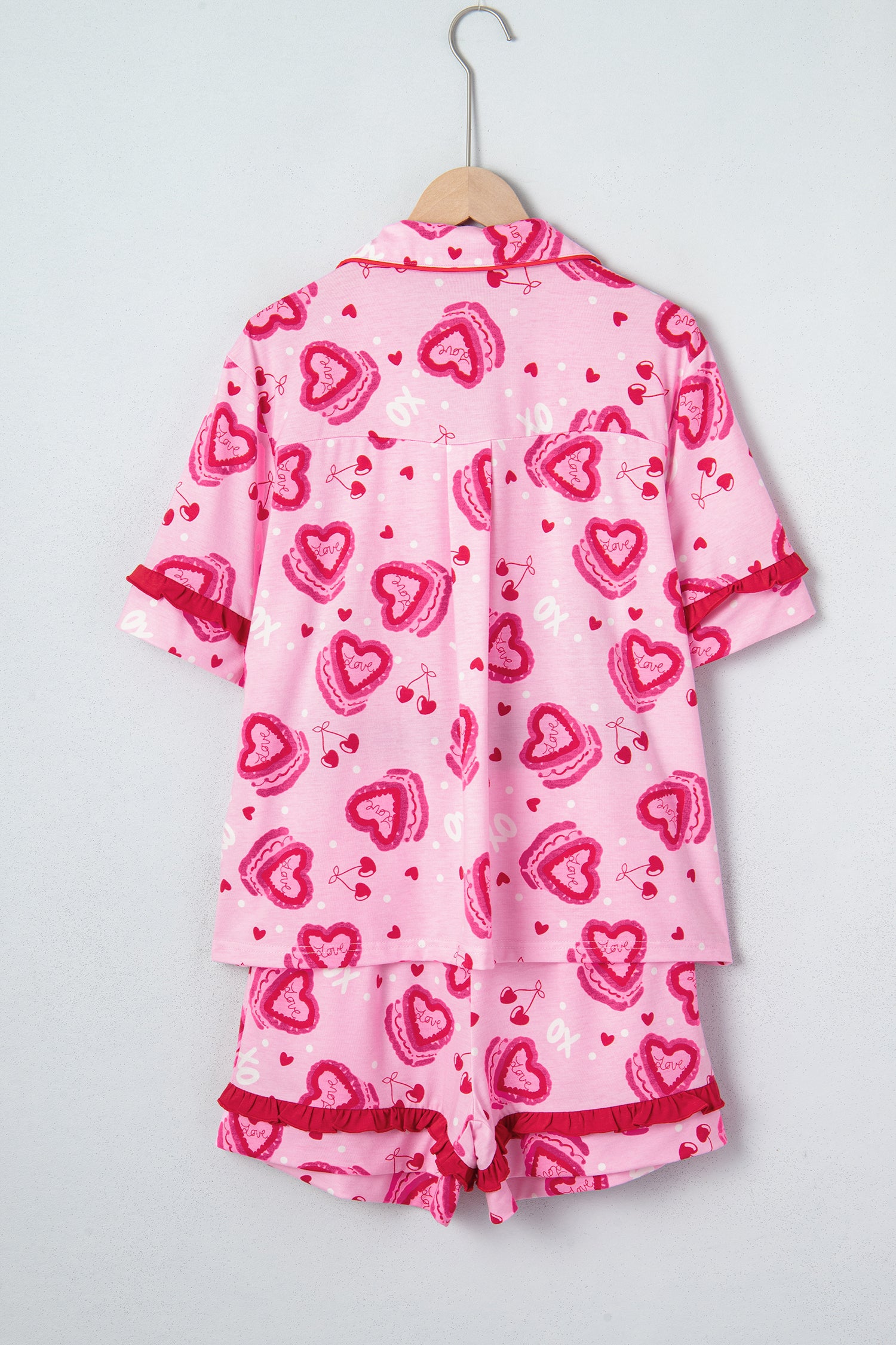 Pink Sweet Heart Cake Print Contrast Ruffle Trim Valentines 2pcs Pajama Set