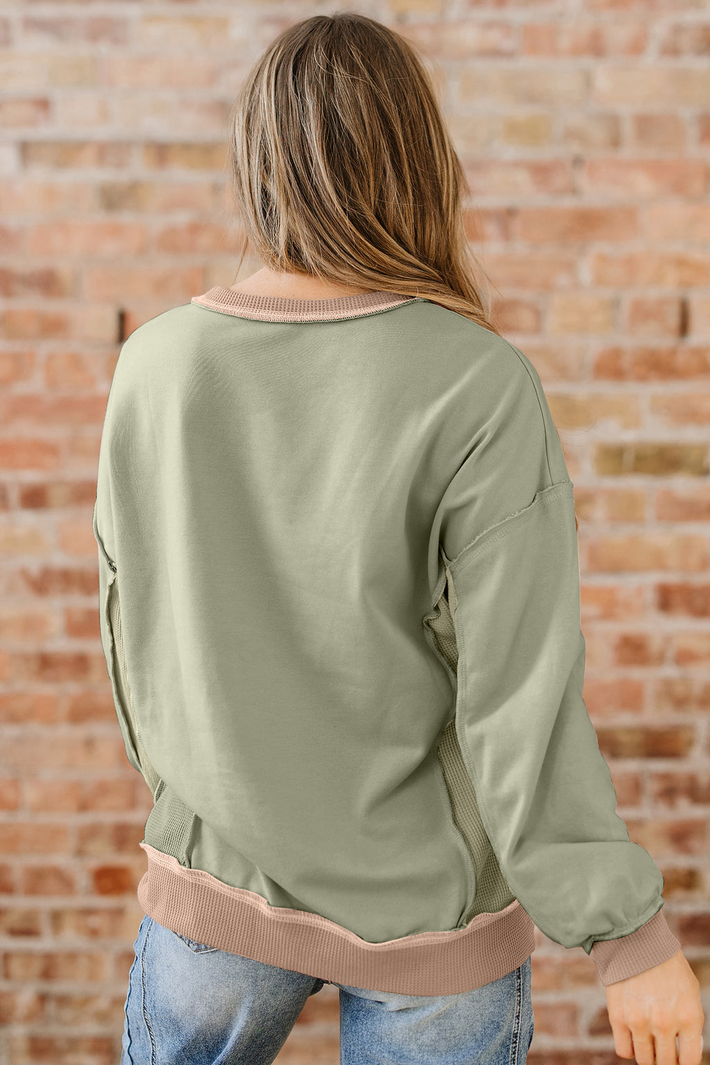 Light Pink Color Block Mix Texture Waffle Patchwork Oversize Sweatshirt