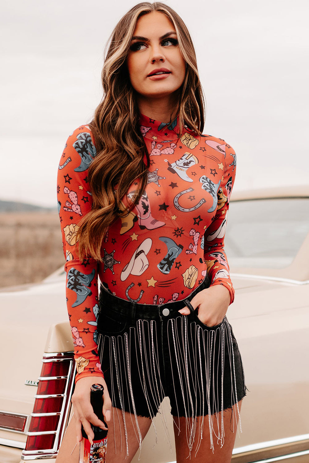 White Rodeo Bound Printed Long Sleeve Bodysuit