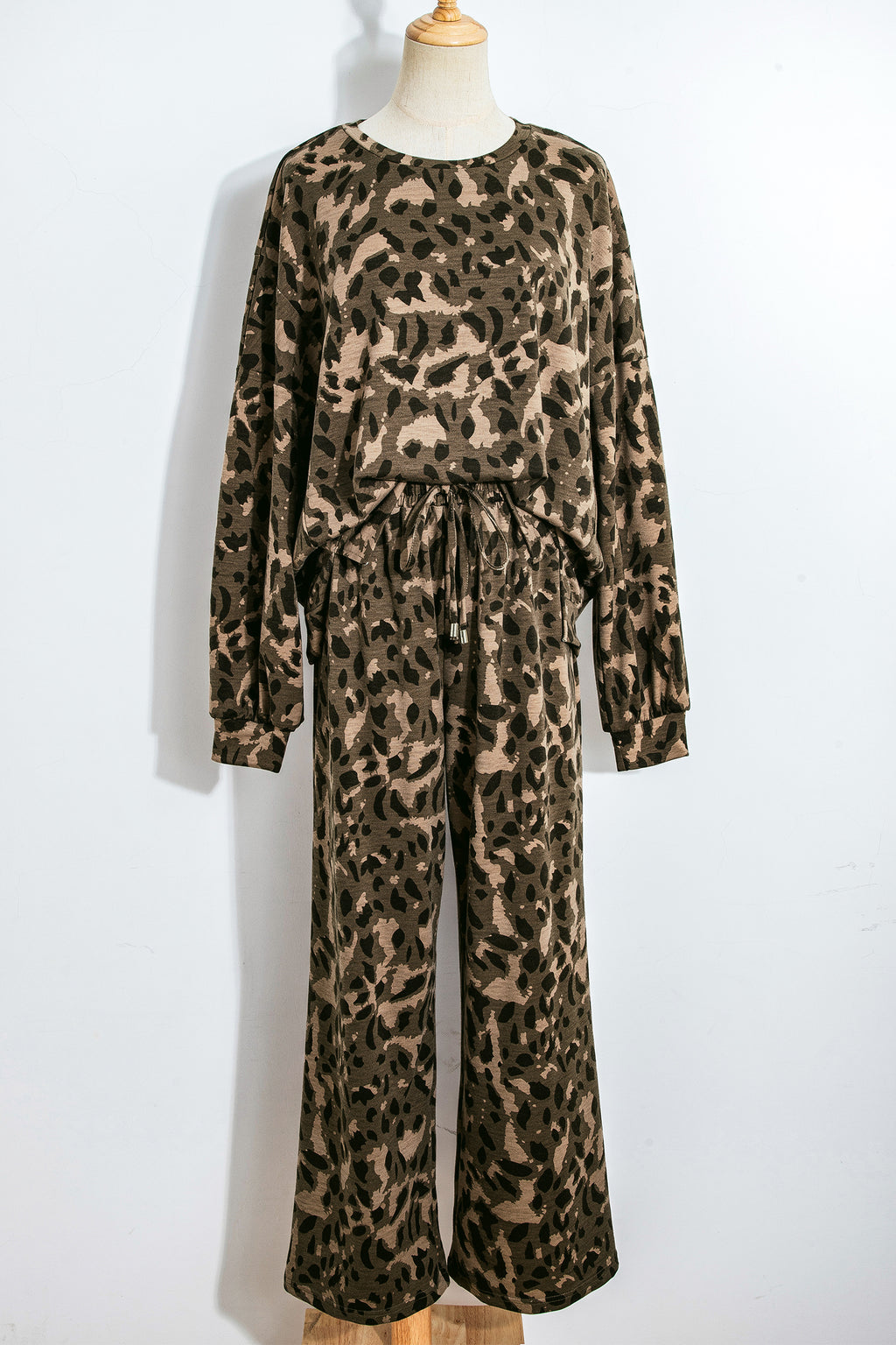 Brown Leopard Loose Tee Drawstring Waist Barrel Pants Set