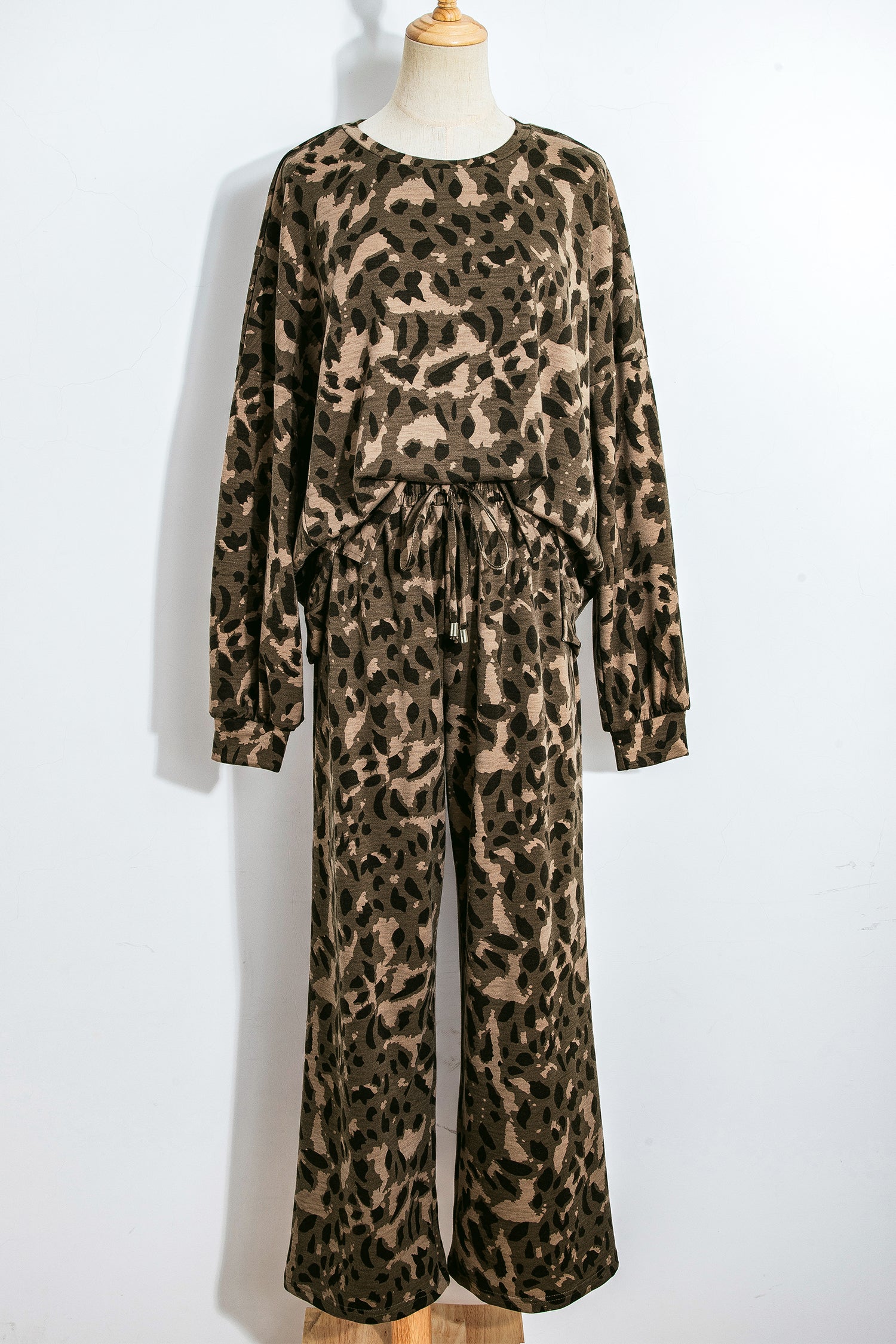Brown Leopard Loose Tee Drawstring Waist Barrel Pants Set