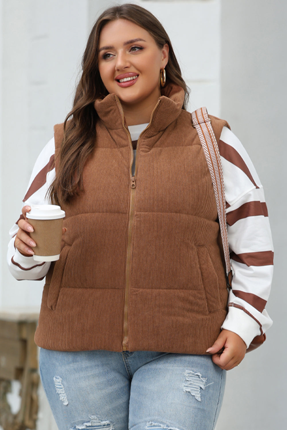 Beige Corduroy Stand Neck Zipped Puffer Vest