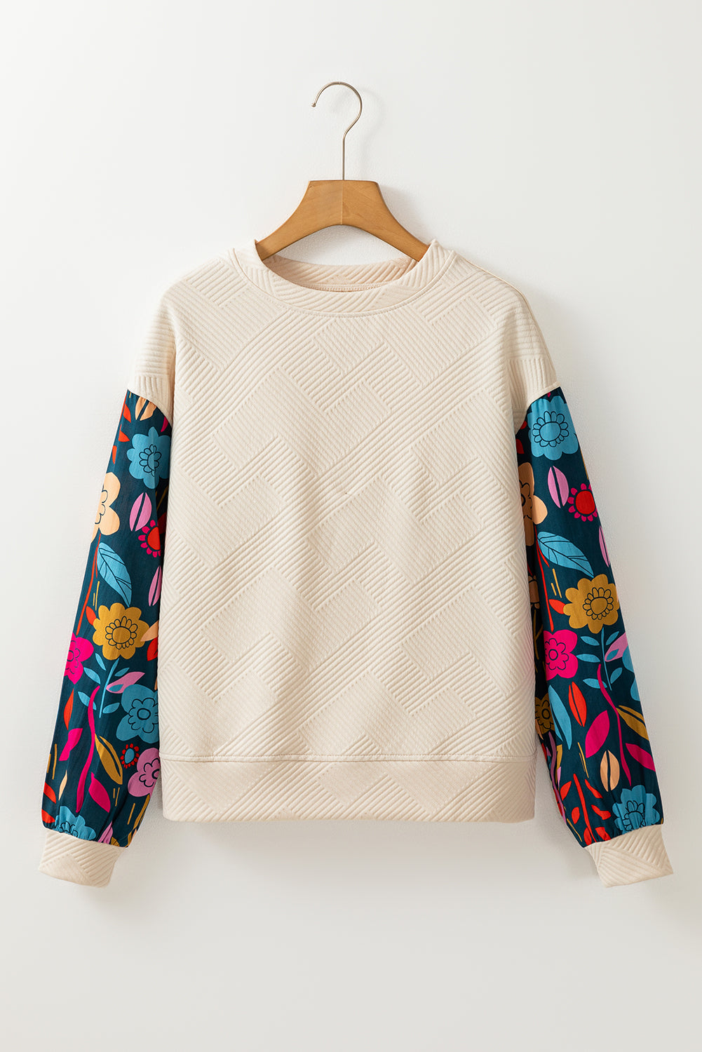 White Floral Patchwork Sleeve Textured Plus Size Pullover Top