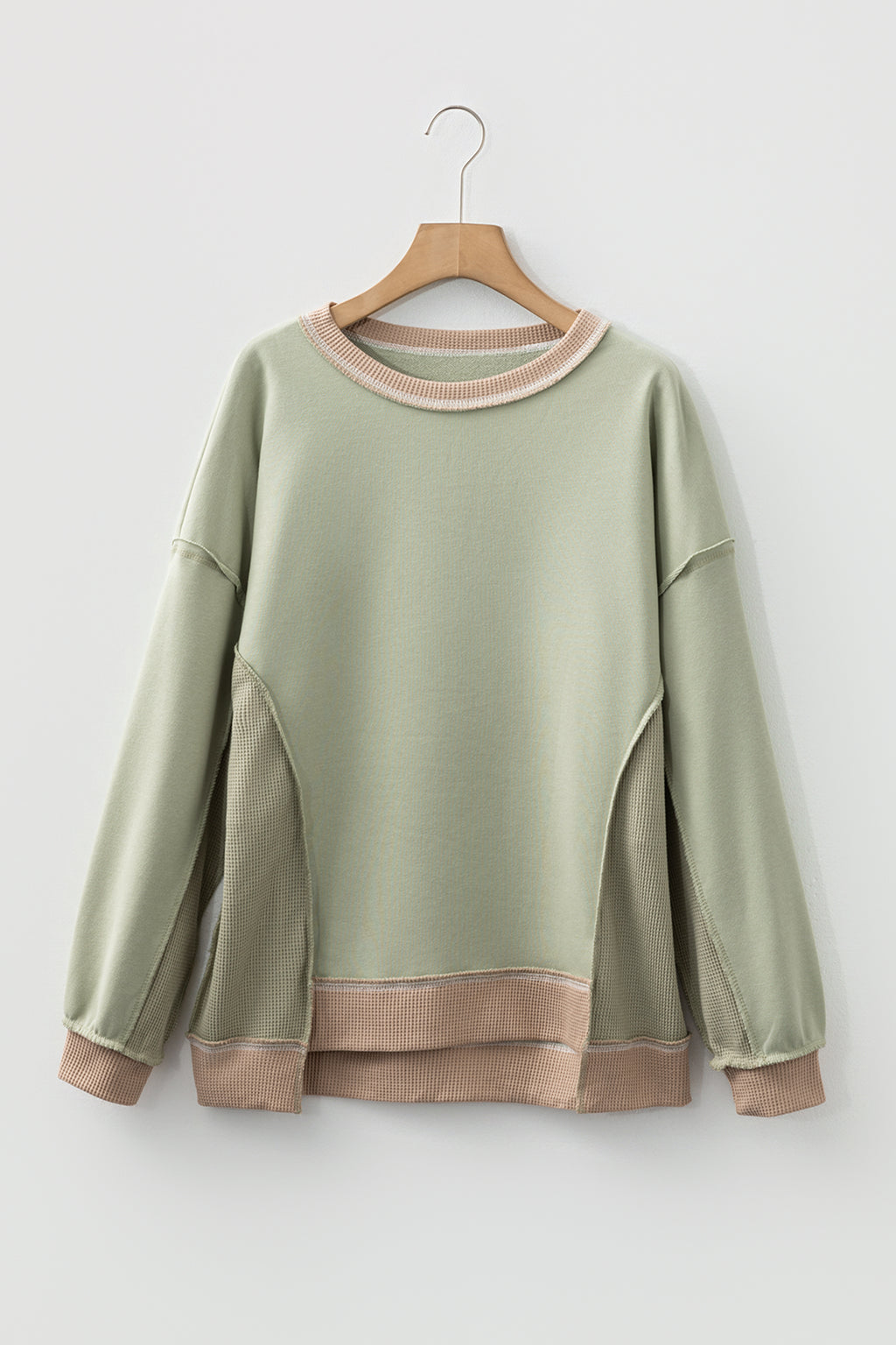 Light Pink Color Block Mix Texture Waffle Patchwork Oversize Sweatshirt