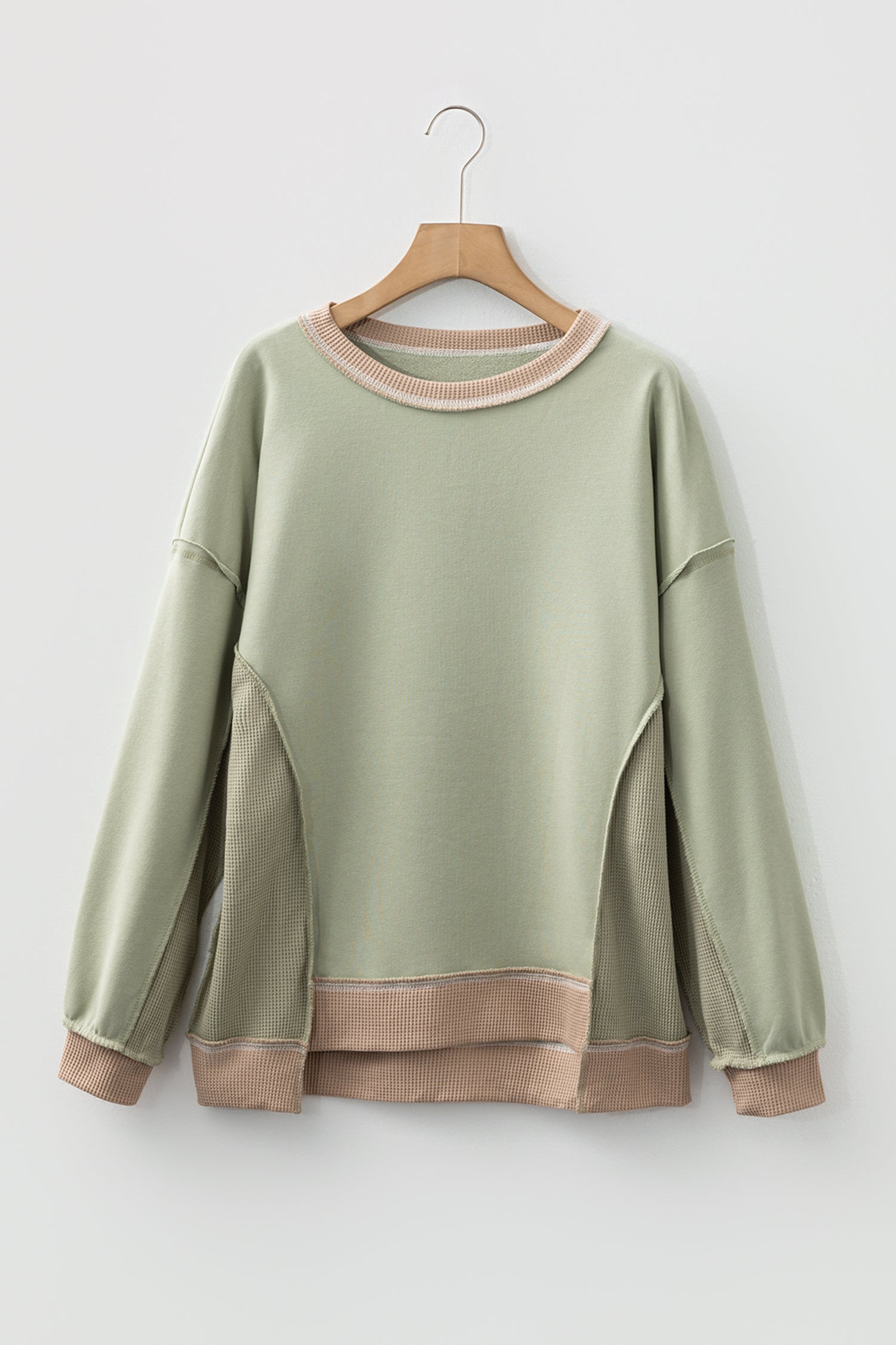 Light Pink Color Block Mix Texture Waffle Patchwork Oversize Sweatshirt
