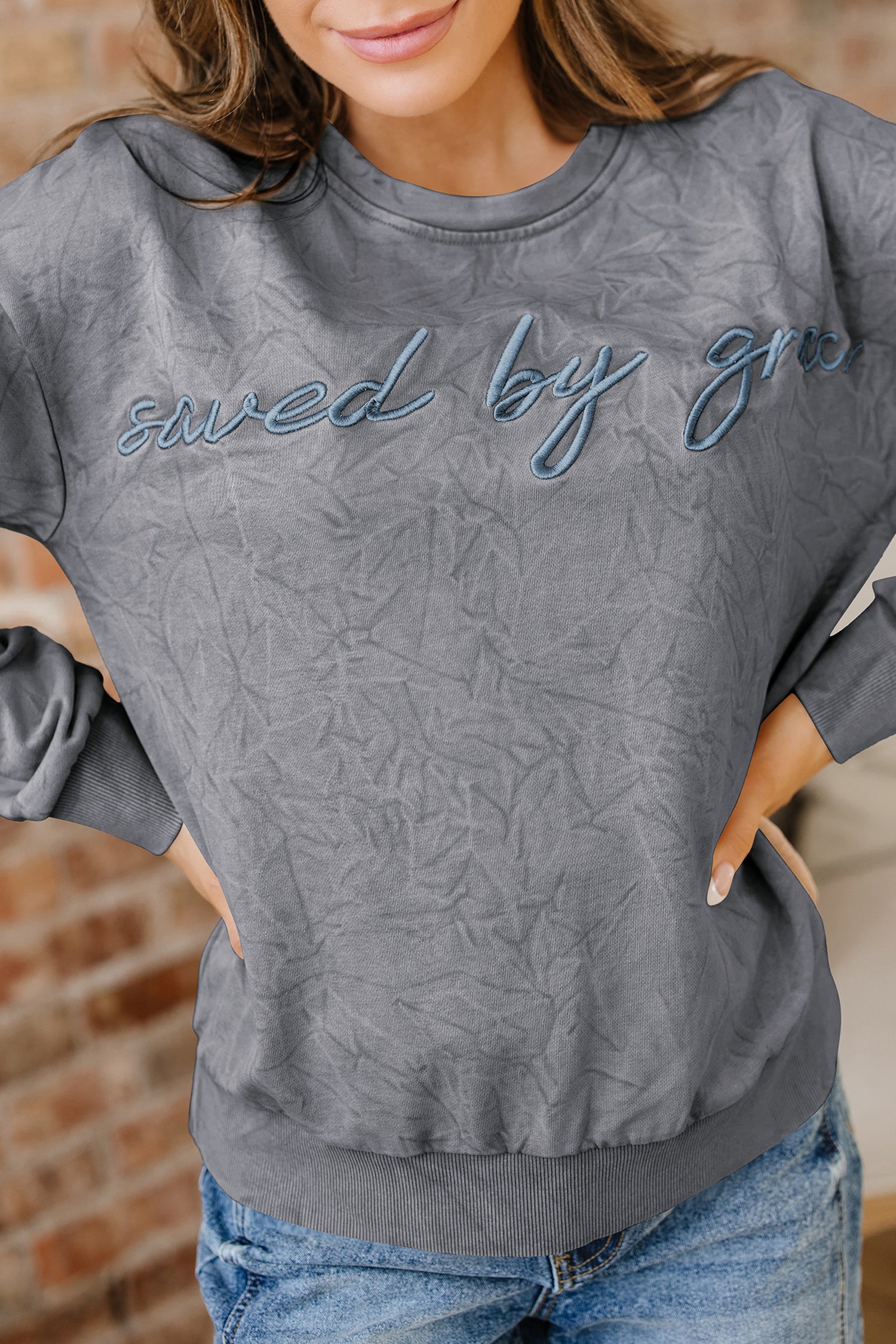 DUNE saved by grace Letter Embroidery Mineral Wash Loose Sweatshirt