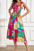 Rose Bold Floral Print Knot Straps Smocked High Waist Midi Dress