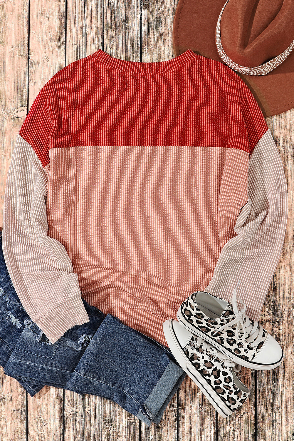 Pale Chestnut Color Block Corded Long Sleeve Top