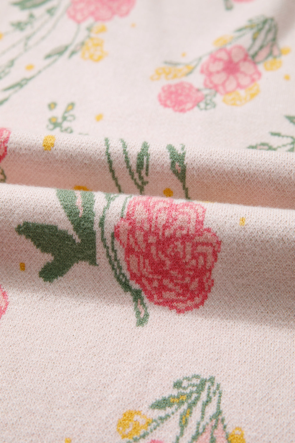 Pink Floral Pattern Striped V Neck Loose Sweater