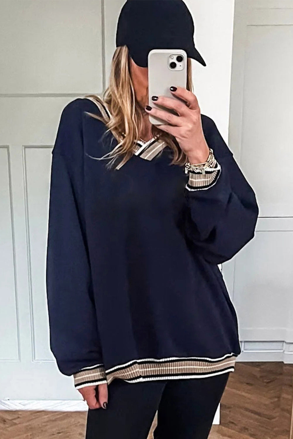 Gray Varsity Contrast Striped Trim V Neck Sweatshirt