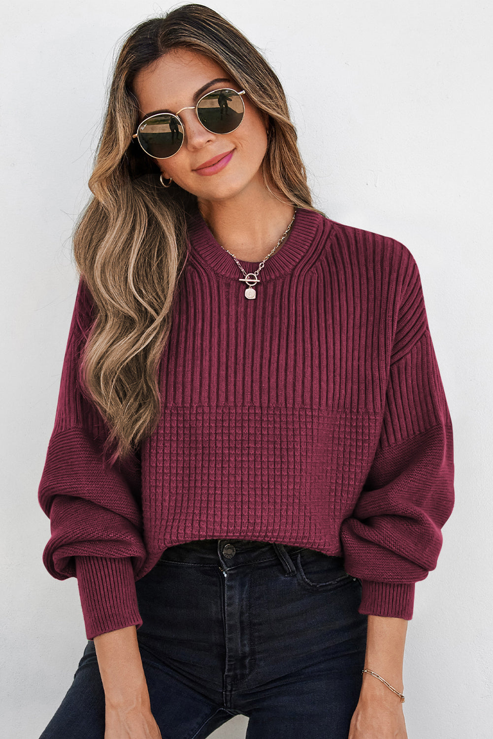 Vineyard Green Solid Color Mixed Textured Knitted Crew Neck Sweater