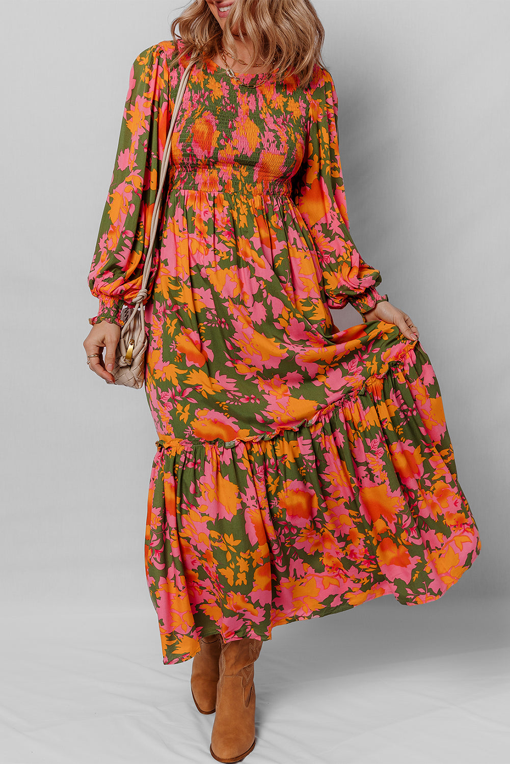 Multicolour Floral Print Long Sleeve Smocked Ruffled Mini Dress