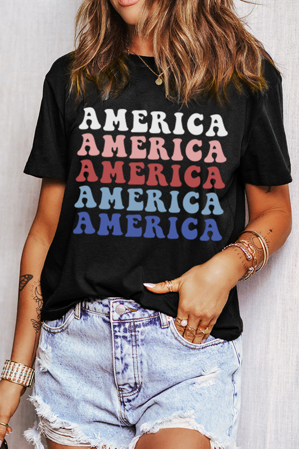 Black Colorful AMERICA Print Crewneck Patriotic T Shirt