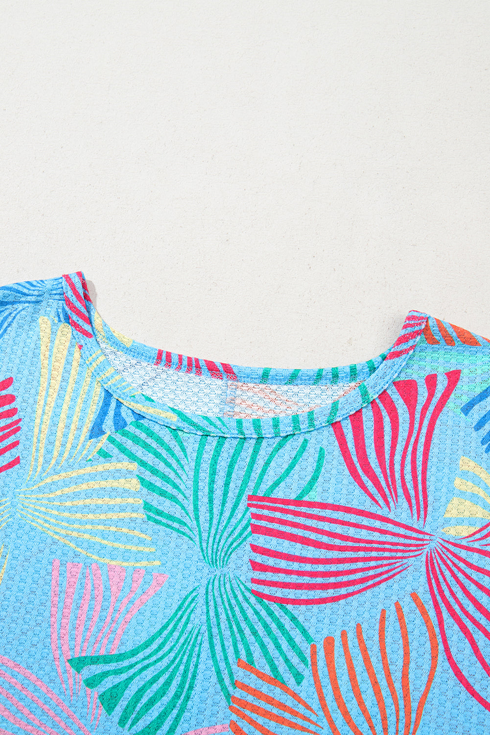 Multicolour Bowknot Printed Waffle Crewneck Loose Short Sleeve Top