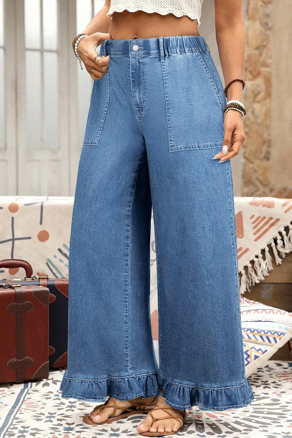 Black Plus Size Elastic Waist Ruffled Wide Leg Denim Pants