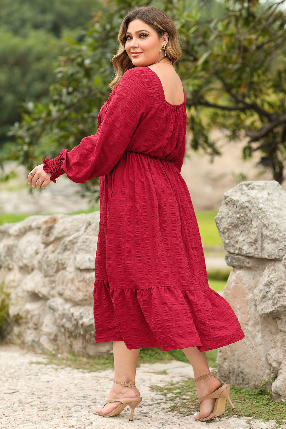 Black Lace-up Ruched Front Long Sleeve Ruffle Hem Plus Size Midi Dress