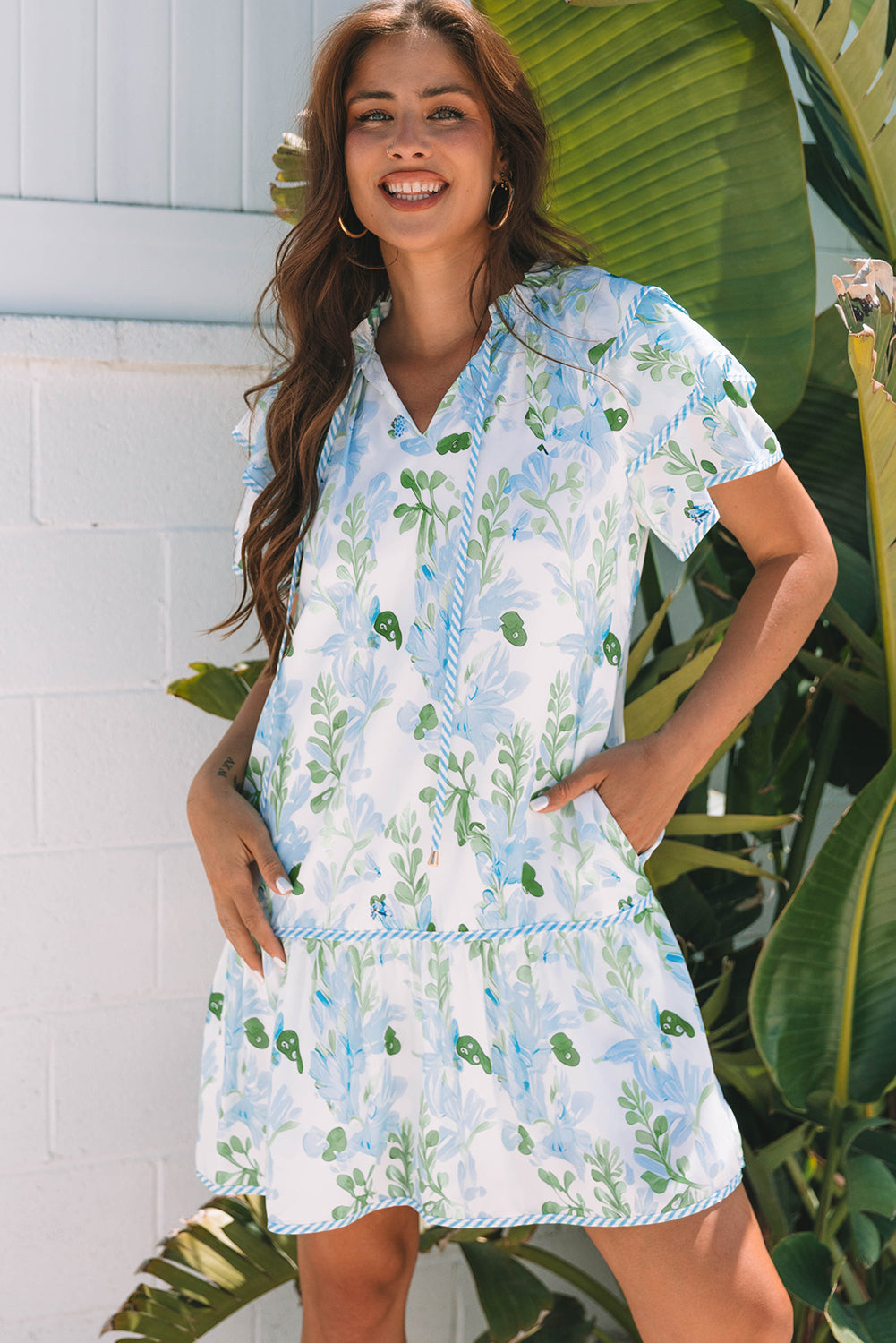 Pink Plus Size Floral Print Striped Detail Short Summer Dress