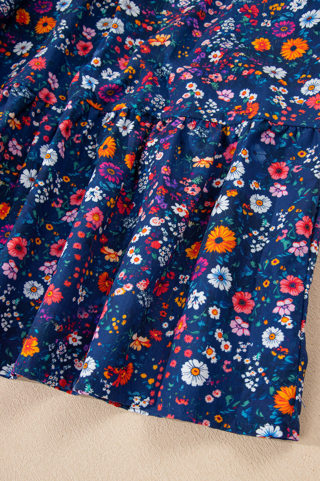 Blue Wild Daisy Floral Split Neck Short Puff Sleeve Mini Dress