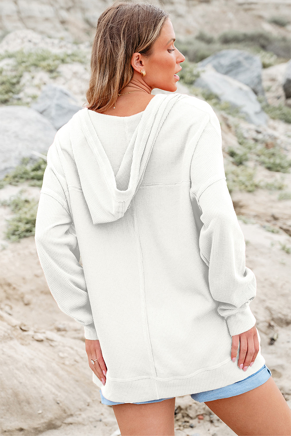 White Oversize Waffle Drop Shoulder Exposed Seam V Neck Hoodie with Pockets