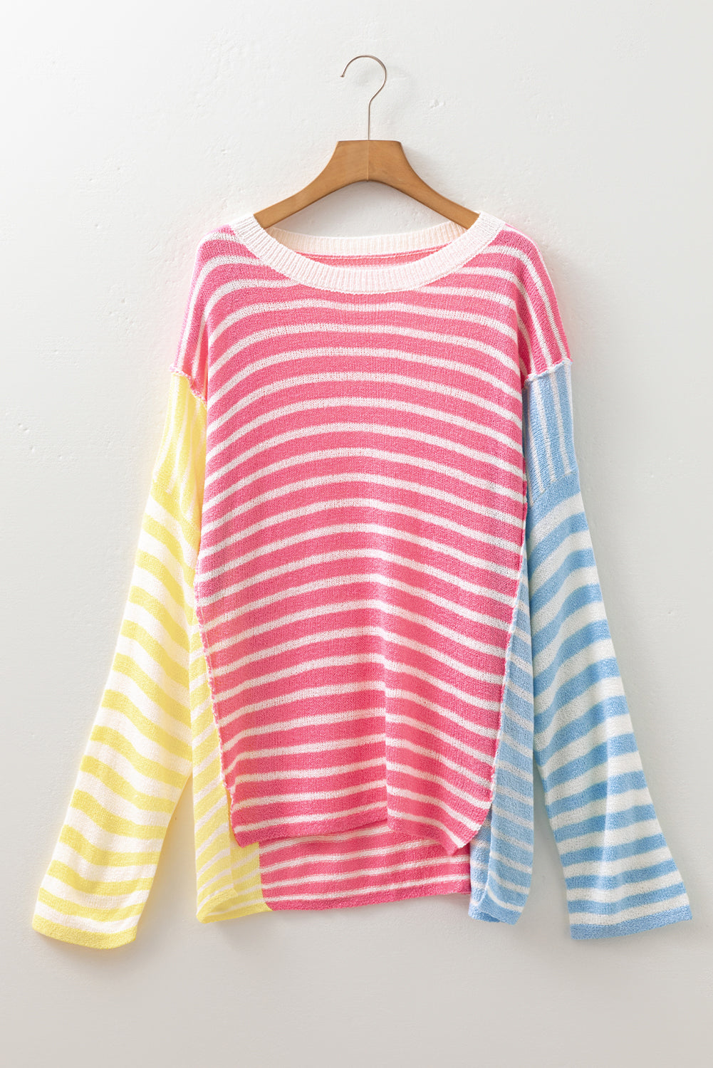 Multicolour Color Block Striped Patchwork Dolman Sleeve Slit Sweater