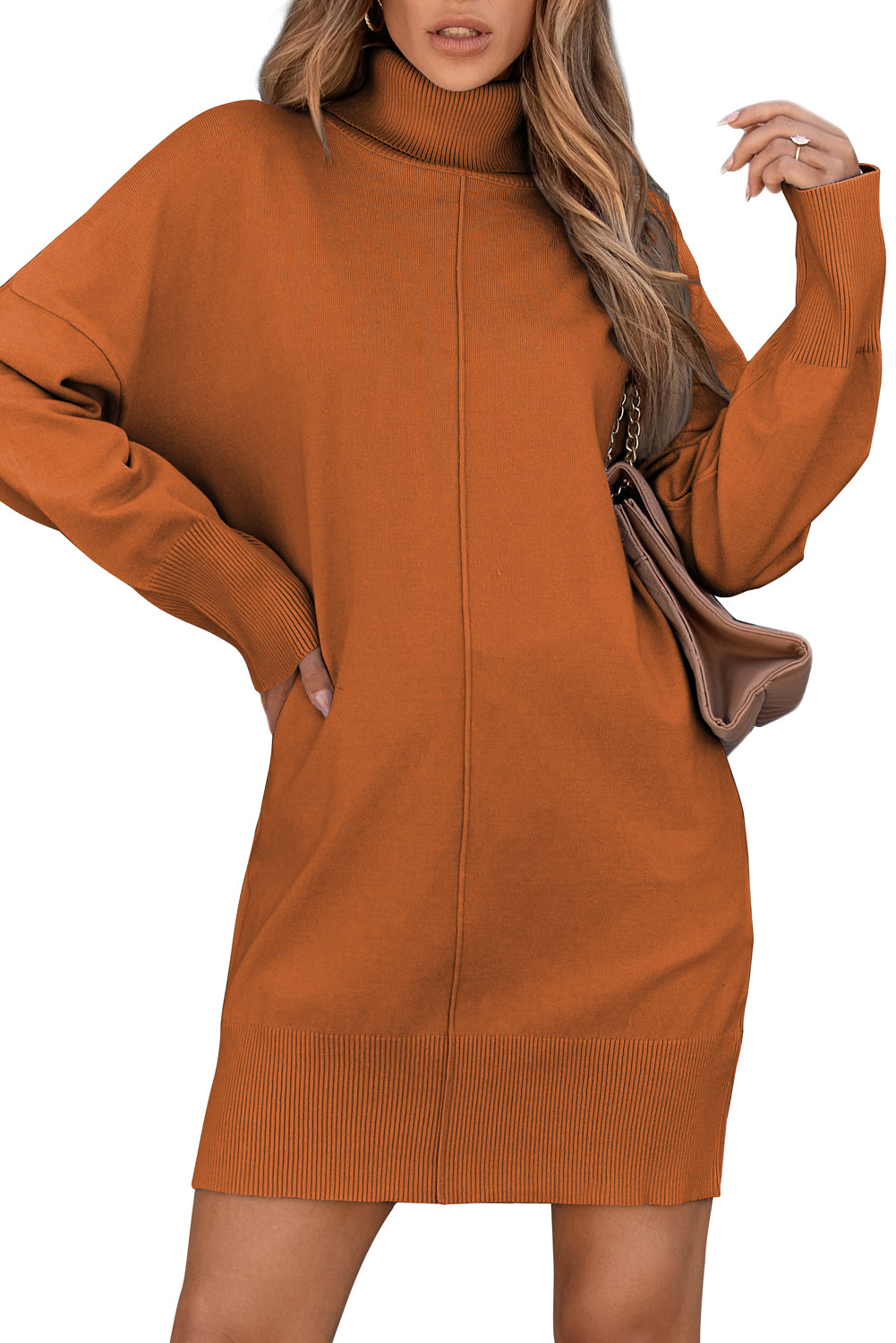 Black Solid Color Turtleneck Drop Shoulder Loose Sweater Dress