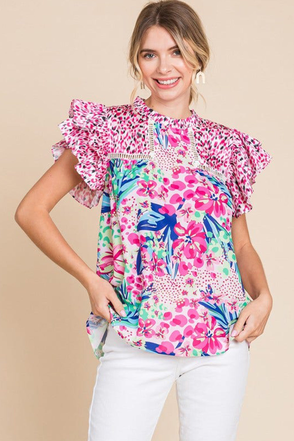 Red Floral Mixed Print Ruffle Cap Sleeve Blouse