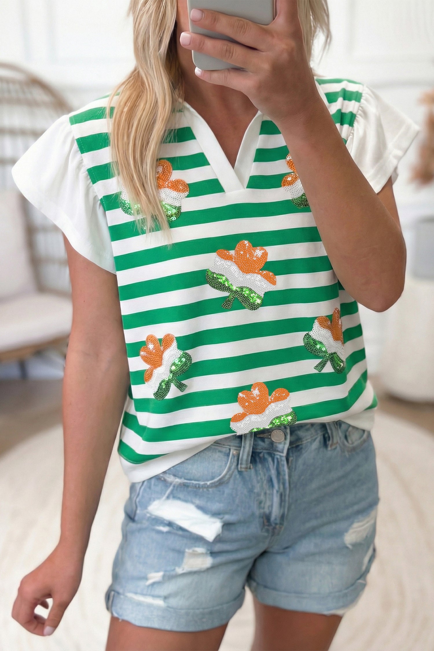 Pink Stripe Collar V Neck Ruffled Short Sleeve Blouse