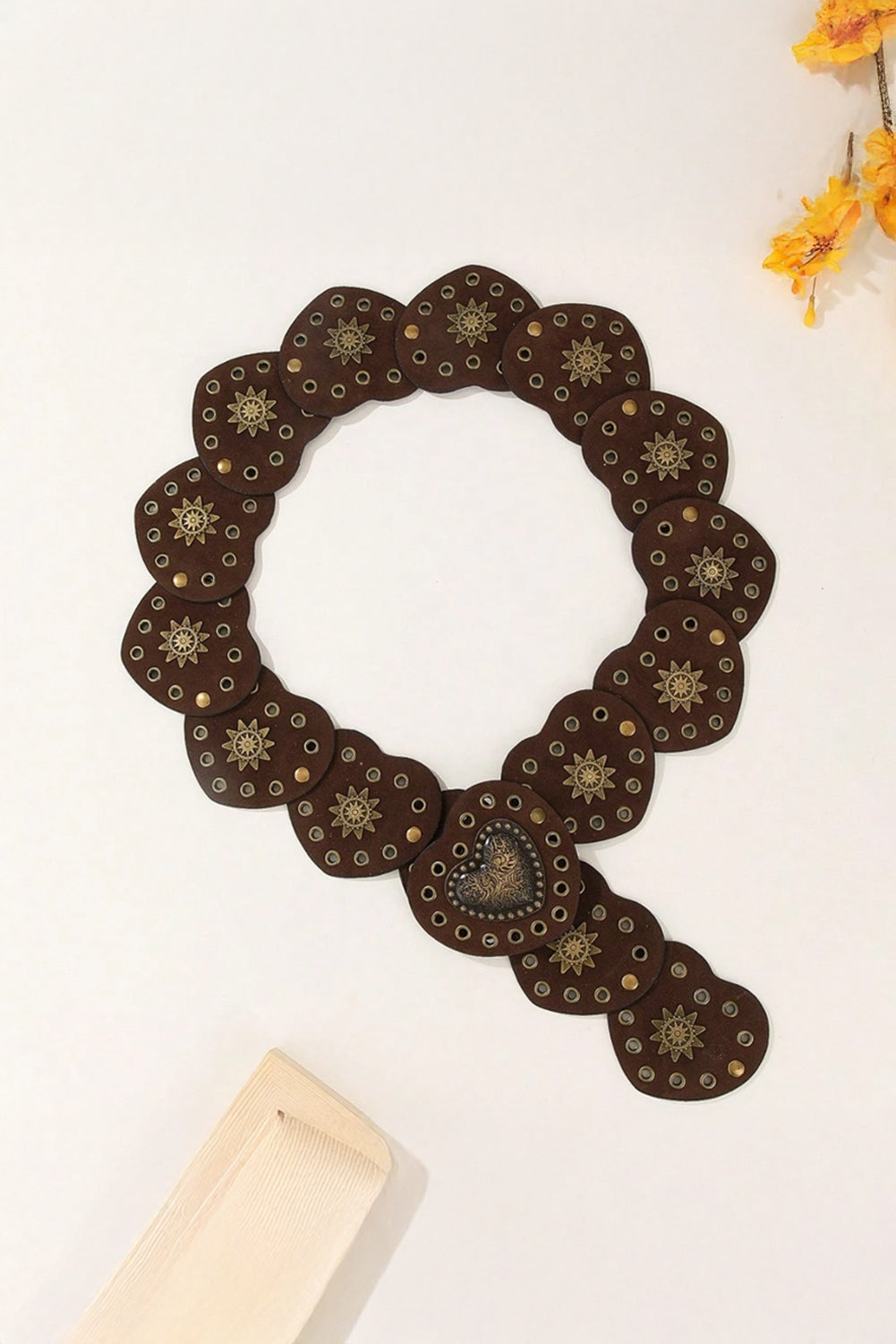 Coffee Bohemian Vintage Bronze Detail Heart Connected PU Belt
