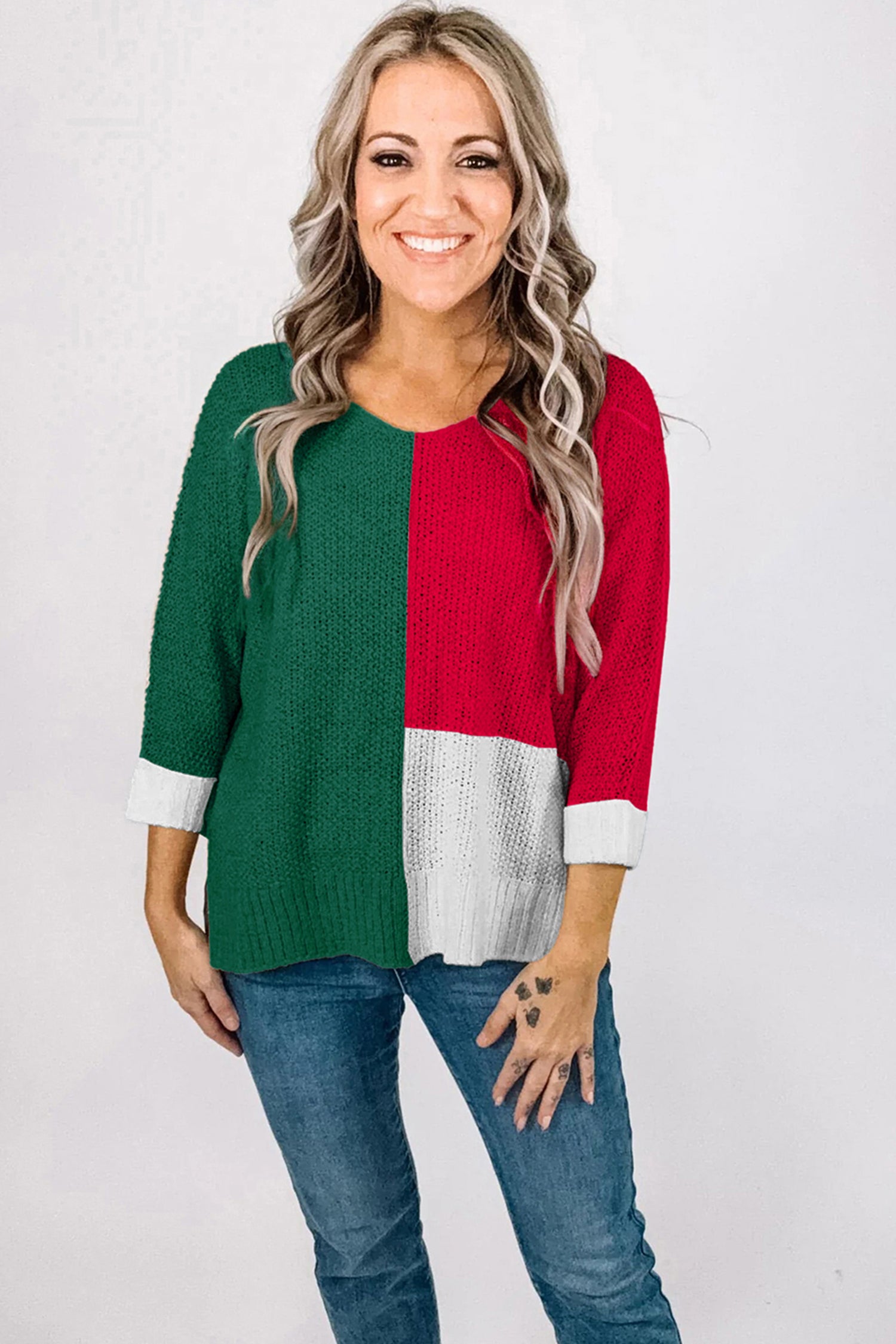 Black Color Block Knit V Neck Loose Sweater