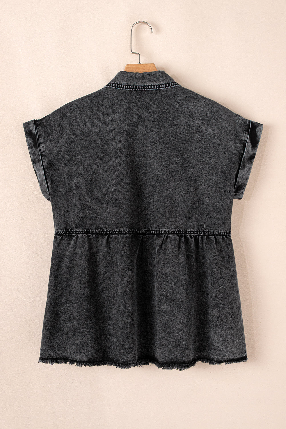 Black Short Sleeve Flap Pocket Button Up Raw Hem Denim Shirt