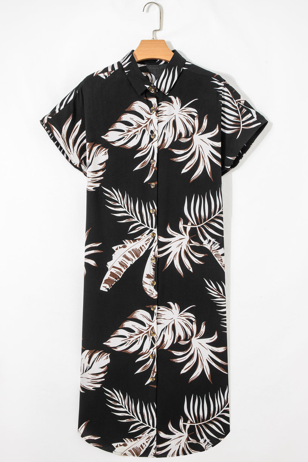 Black Tropical Printed Short Sleeve Beach Coverup Shirt Dress
