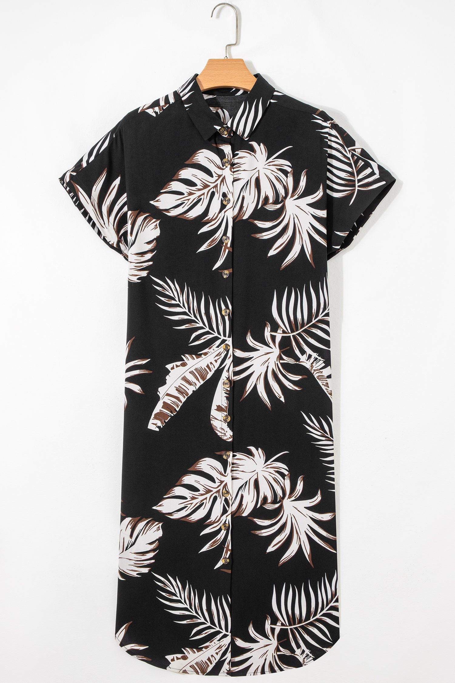 Black Tropical Printed Short Sleeve Beach Coverup Shirt Dress