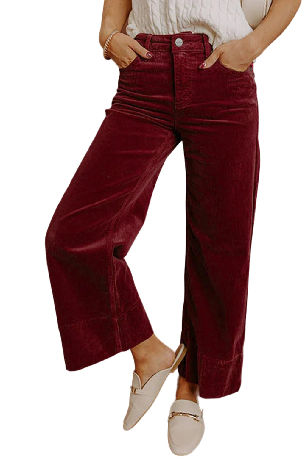Vineyard Green Corduroy Solid Color High Waist Wide Leg Pants