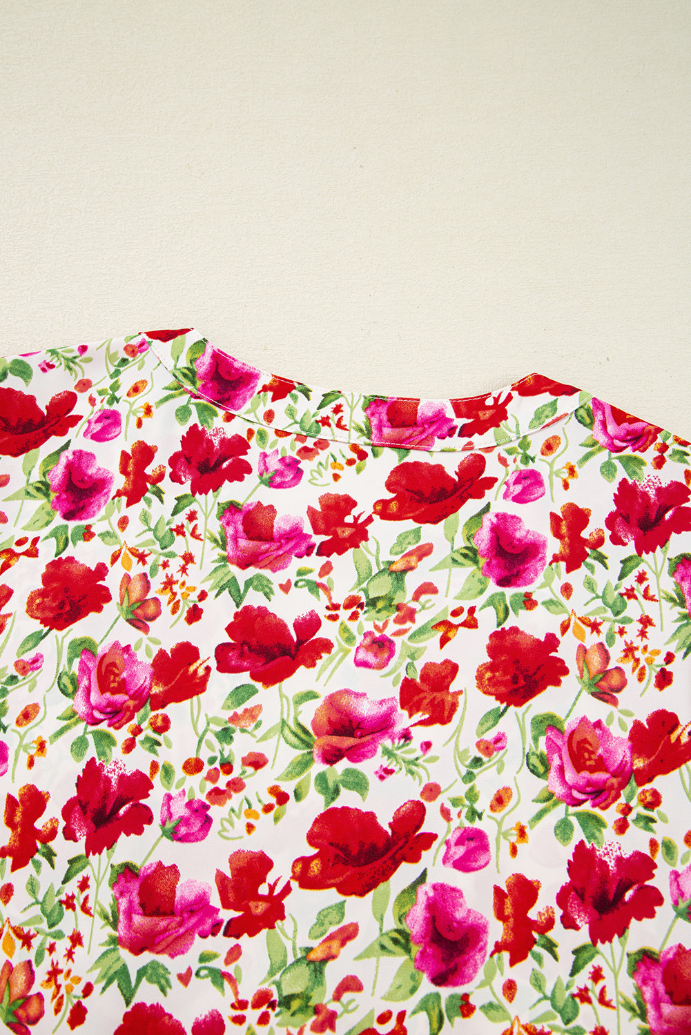Red Floral Print Striped Patchwork Collared Short Sleeve Blouse