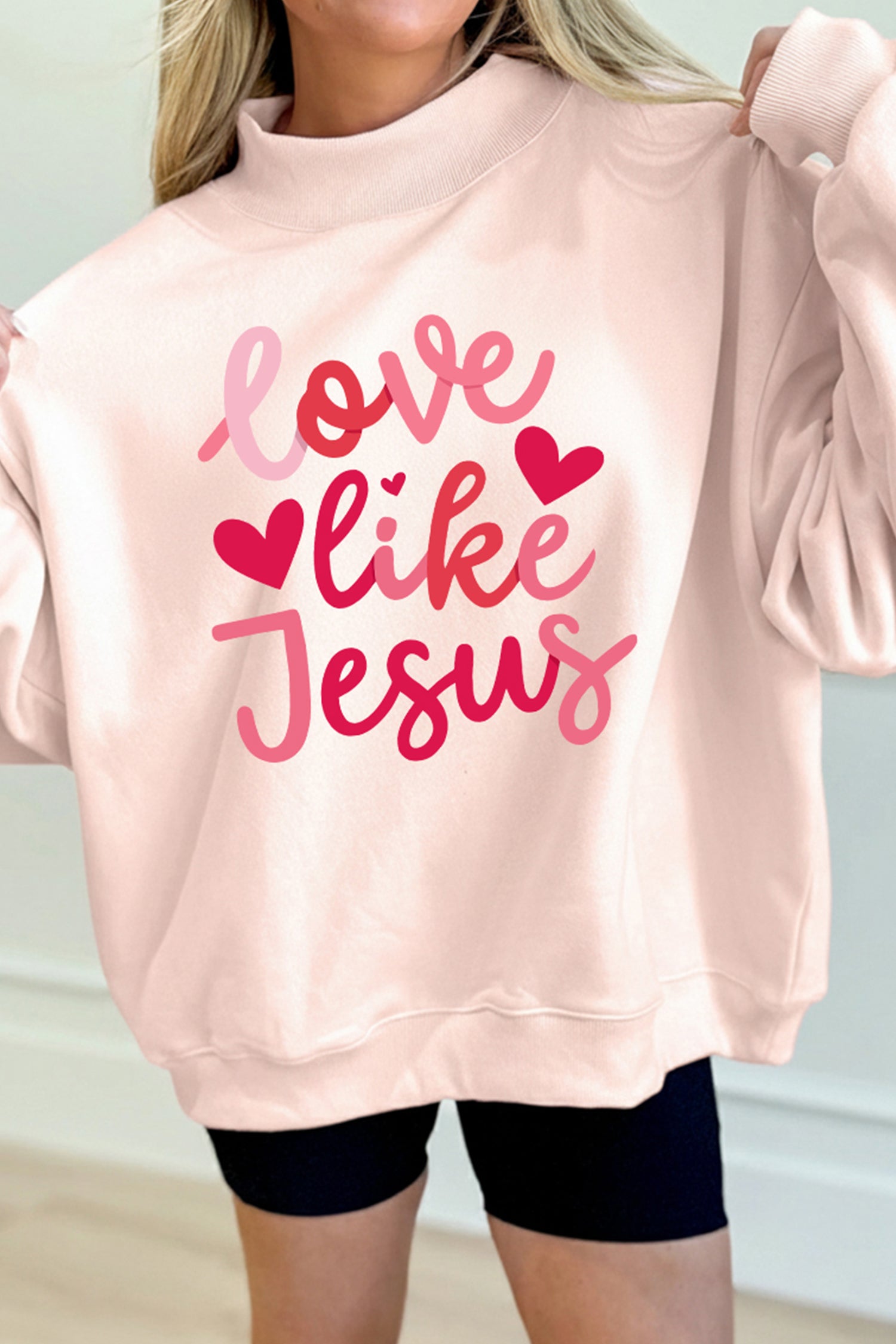 Bright Pink Oversize Blessed Embroidered Mock Neck Sweatshirt